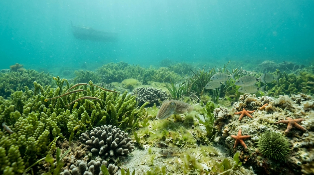 Underwater coral reef with fish, starfish, sea urchin, and cuttlefish