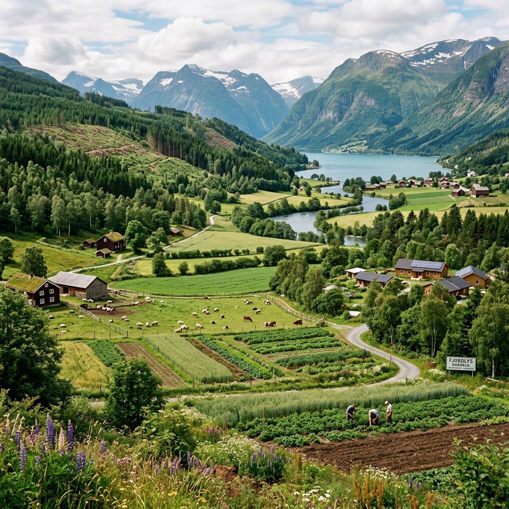 Norwegian fjord village with farmland, grazing sheep, and mountains